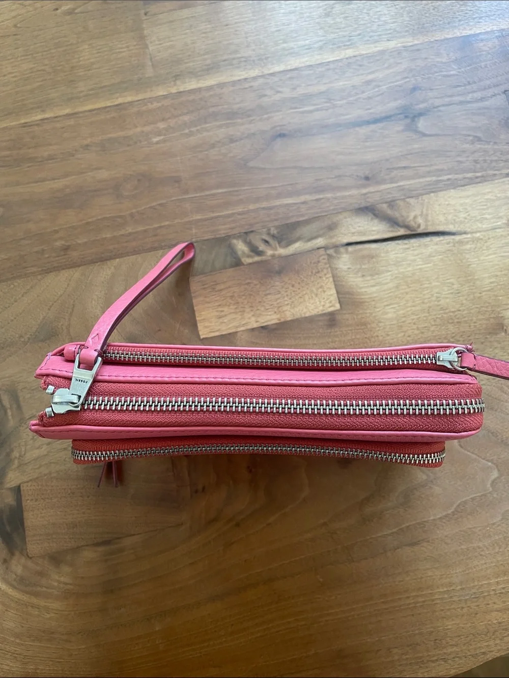 Fossil Coral Pink Leather Wristlet Wallet with Zip Pocket